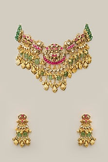 Gold Finish Green Crystal & Pearl Necklace Set