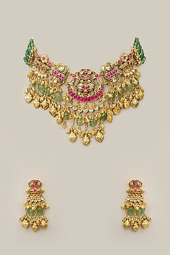 Gold Finish Green Crystal & Pearl Necklace Set