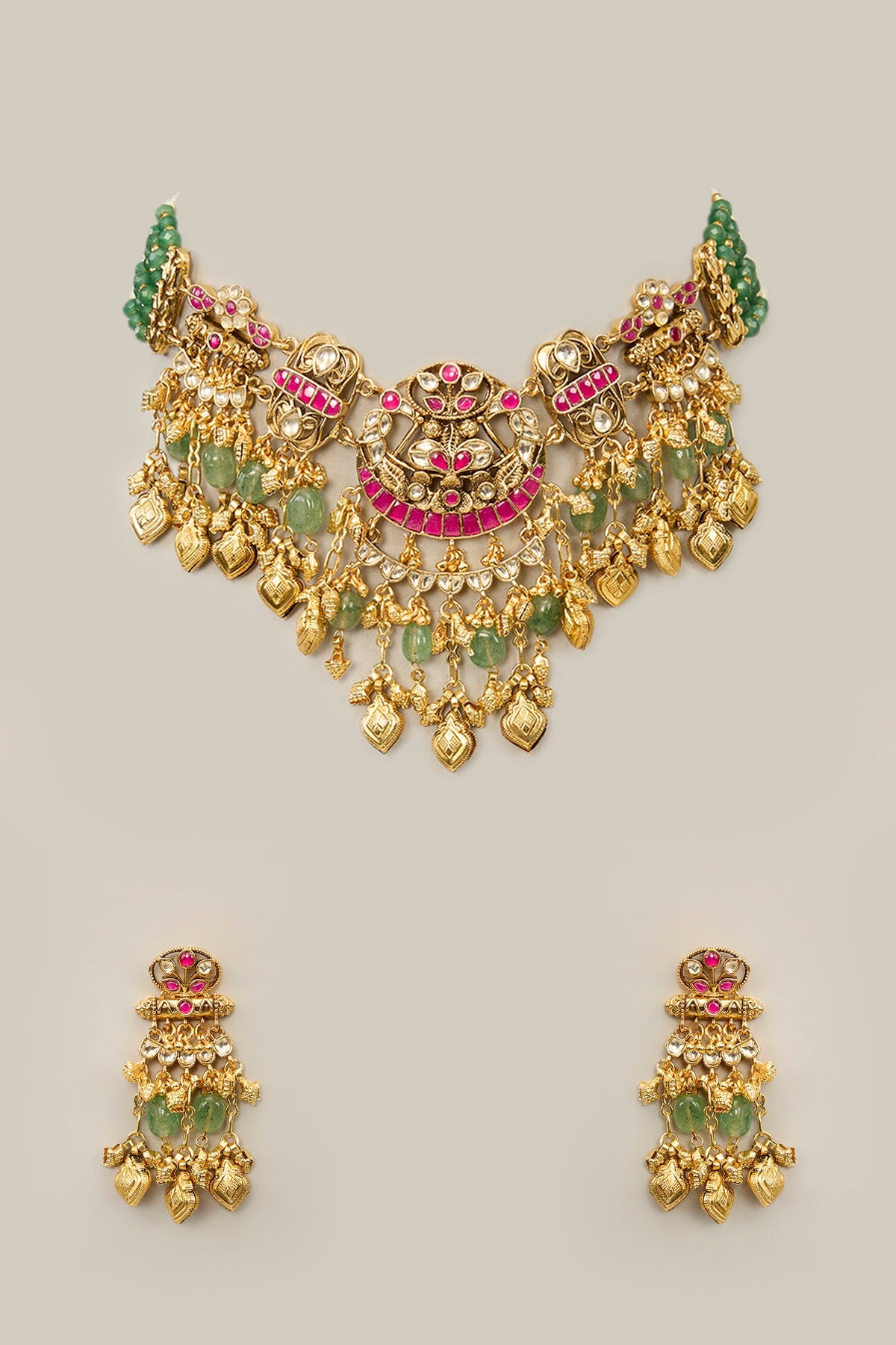 Gold Finish Green Crystal & Pearl Necklace Set