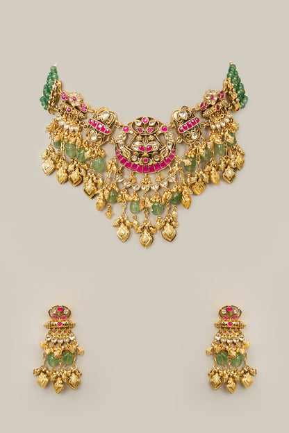 Gold Finish Green Crystal & Pearl Necklace Set