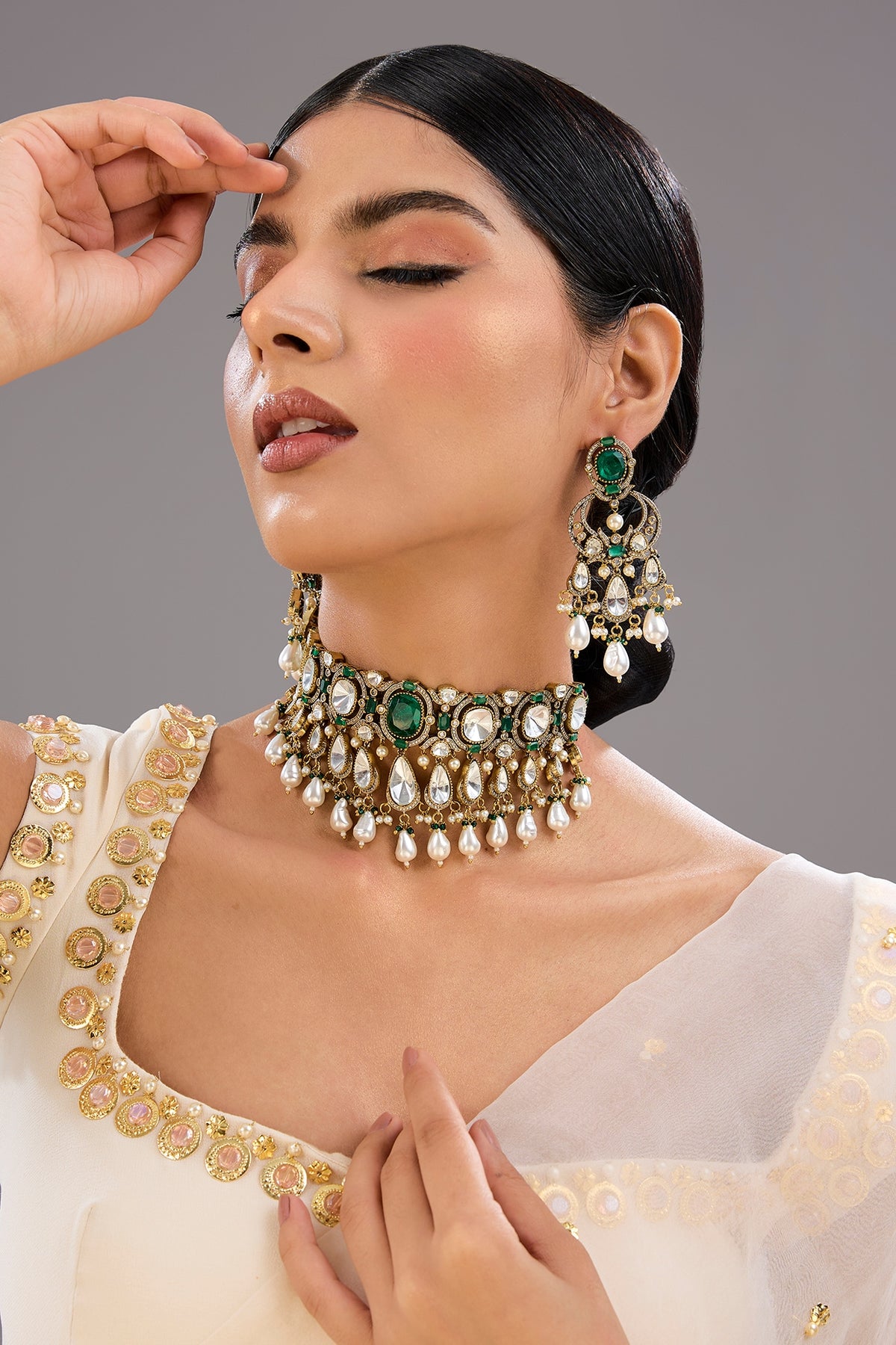 Gold Finish Pearl & Green Stone Necklace Set