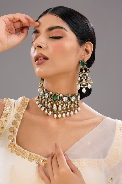 Gold Finish Pearl & Green Stone Necklace Set