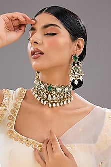 Gold Finish Pearl & Green Stone Necklace Set
