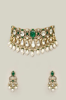 Gold Finish Pearl & Green Stone Necklace Set
