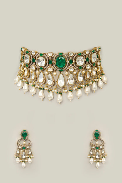 Gold Finish Pearl & Green Stone Necklace Set