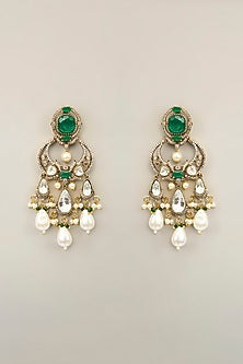 Gold Finish Pearl & Green Stone Necklace Set