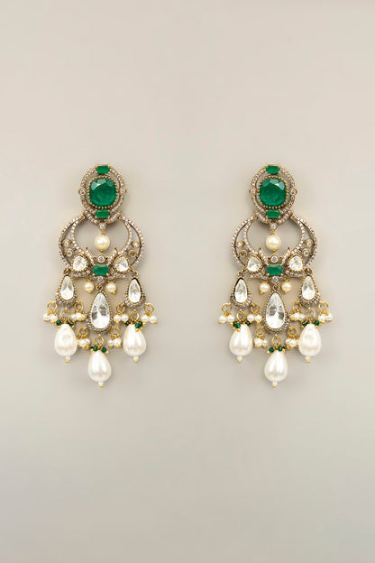 Gold Finish Pearl & Green Stone Necklace Set