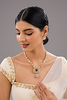 Gold Finish Kundan Polki & Green Stone Necklace Set