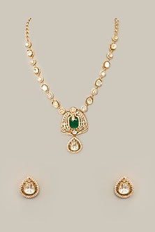 Gold Finish Kundan Polki & Green Stone Necklace Set