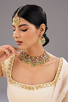 Gold Finish Multi-Colored Kundan Polki & Crystal Necklace Set