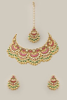 Gold Finish Multi-Colored Kundan Polki & Crystal Necklace Set