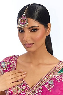 Gold Finish Pink Kundan Polki Maangtikka