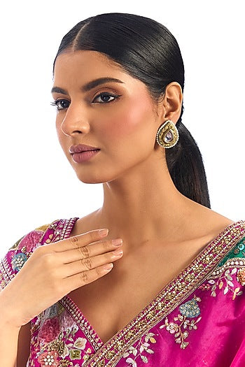 Gold Finish Kundan Polki & Pearl Stud Earrings
