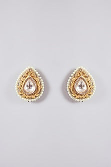 Gold Finish Kundan Polki & Pearl Stud Earrings