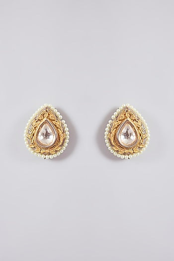 Gold Finish Kundan Polki & Pearl Stud Earrings