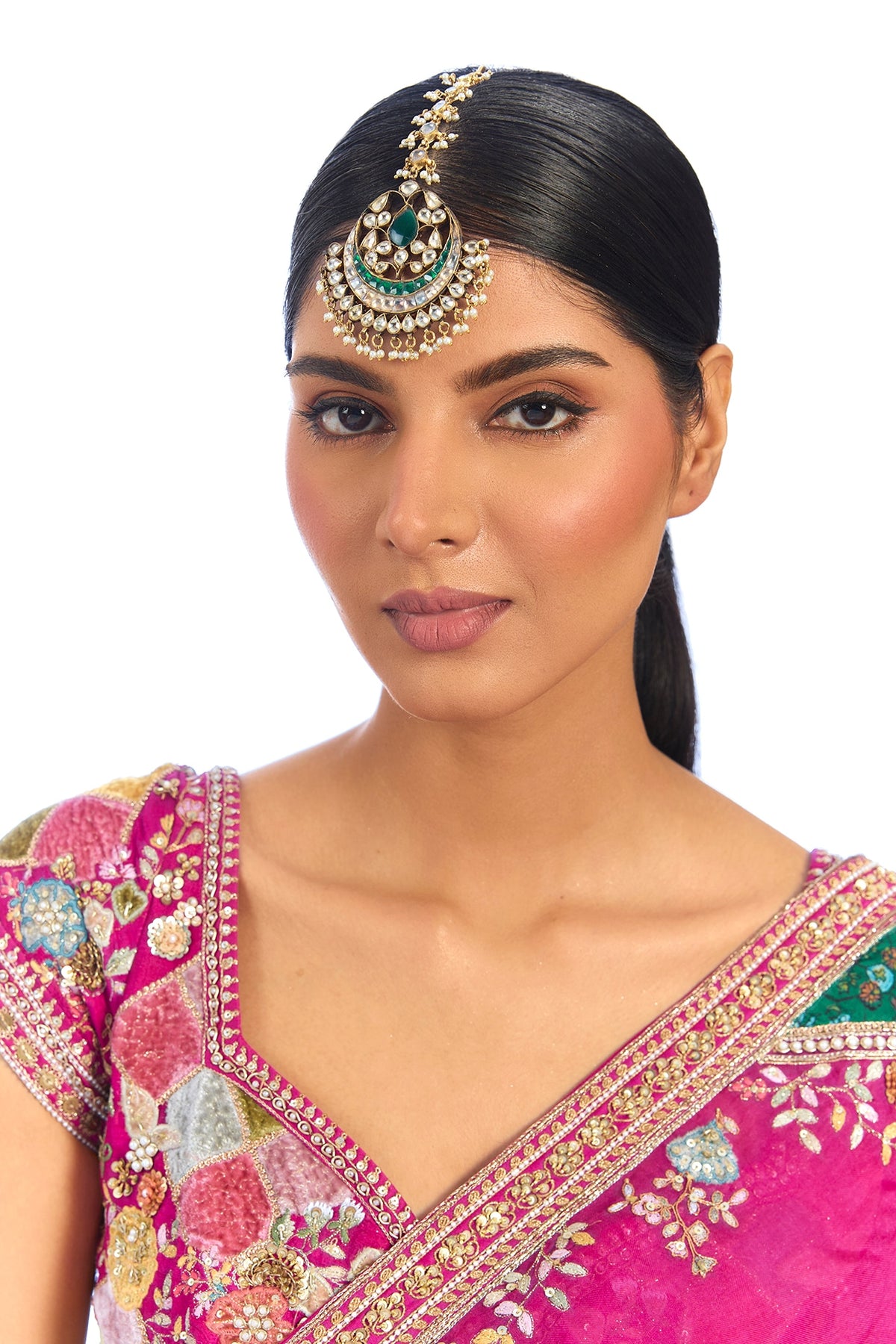 Gold Finish Kundan Polki & Green Stone Maangtikka