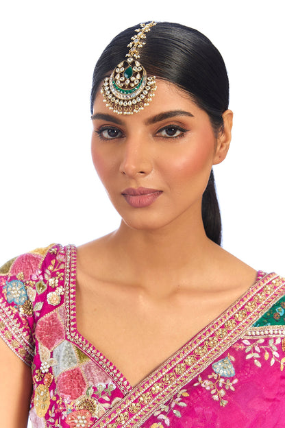 Gold Finish Kundan Polki & Green Stone Maangtikka