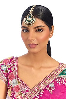 Gold Finish Kundan Polki & Green Stone Maangtikka
