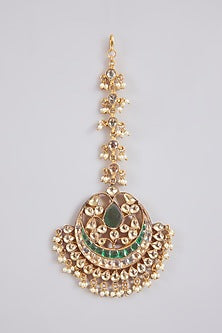Gold Finish Kundan Polki & Green Stone Maangtikka