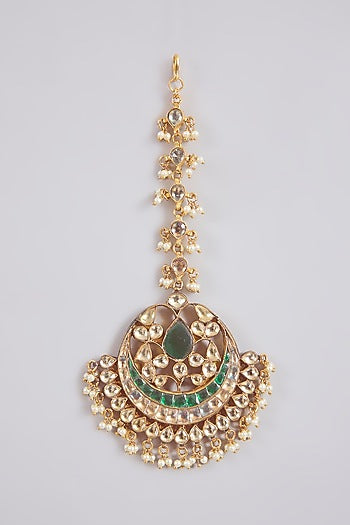 Gold Finish Kundan Polki & Green Stone Maangtikka