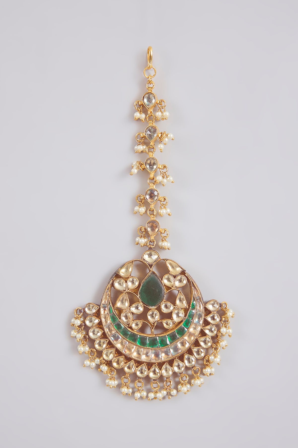 Gold Finish Kundan Polki & Green Stone Maangtikka
