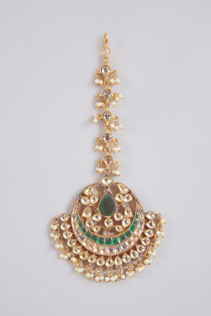 Gold Finish Kundan Polki & Green Stone Maangtikka