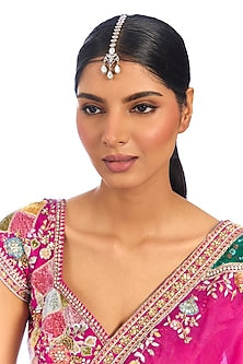 Gold Finish Kundan Polki & Pink Stone Maangtikka