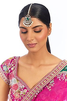 Gold Finish Kundan Polki & Green Stone Maangtikka