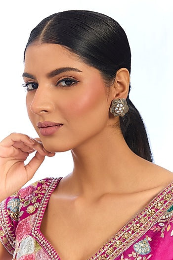 Gold Finish Kundan Polki & Pink Stone Stud Earrings