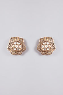 Gold Finish Kundan Polki & Pink Stone Stud Earrings
