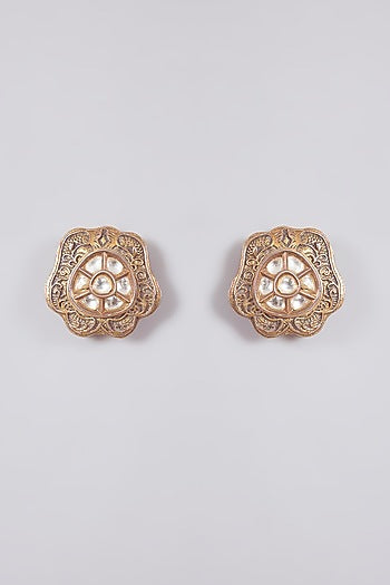 Gold Finish Kundan Polki & Pink Stone Stud Earrings