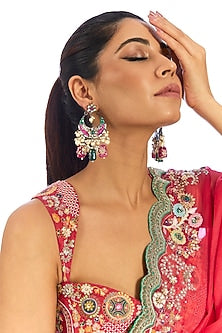 Gold Finish Multi-Colored Kundan Polki & Pearl Chandbali Earrings