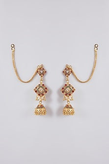 Antique Gold Finish Kundan Polki & Red Stone Dangler Earrings