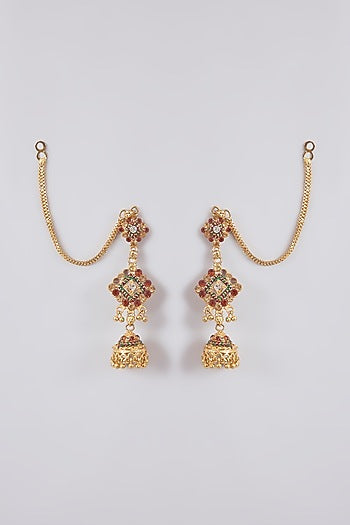 Antique Gold Finish Kundan Polki & Red Stone Dangler Earrings