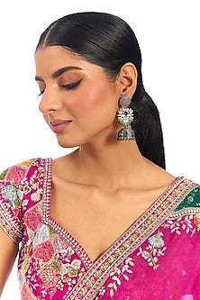 Oxidised Silver Finish Black Beaded Floral Jhumka Earrings