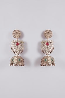 Oxidised Silver Finish Black Beaded Floral Jhumka Earrings