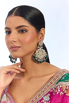 Gold Finish Kundan Polki & Green Beaded Chandbali Earrings
