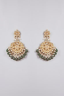 Gold Finish Kundan Polki & Green Beaded Chandbali Earrings