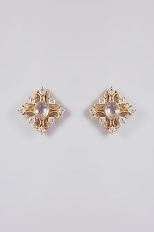 Gold Finish Kundan Polki Floral Stud Earrings