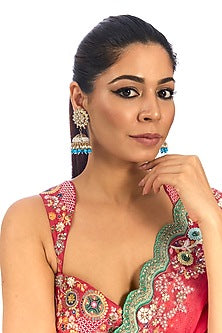 Gold Finish Kundan Polki & Blue Pearl Chandbali Earrings