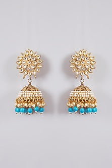 Gold Finish Kundan Polki & Blue Pearl Chandbali Earrings
