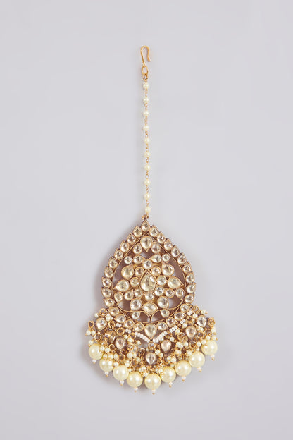 Gold Finish Kundan Polki & Pearl Maangtikka