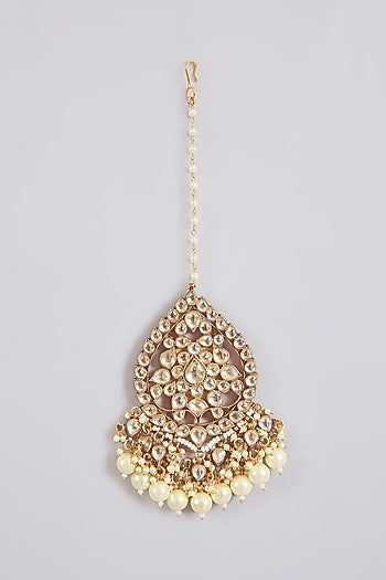 Gold Finish Kundan Polki & Pearl Maangtikka
