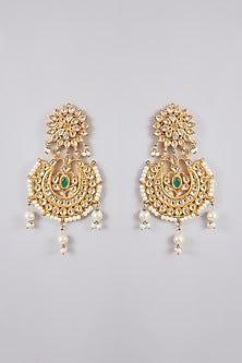 Gold Finish Kundan Polki & Pearl Chandbali Earrings