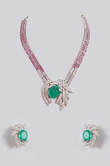 White Finish Diamond & Emerald Stone Necklace Set