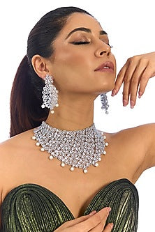 White Finish Crystal Choker Necklace Set