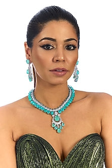 White Finish Crystal & Turquoise Stone Necklace Set