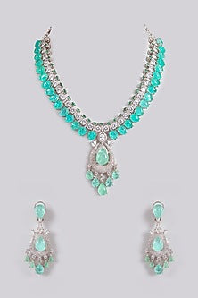 White Finish Crystal & Turquoise Stone Necklace Set