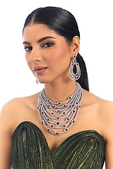 Silver Finish Cubic Zirconia & Ruby Stone layered Necklace Set