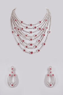 Silver Finish Cubic Zirconia & Ruby Stone layered Necklace Set